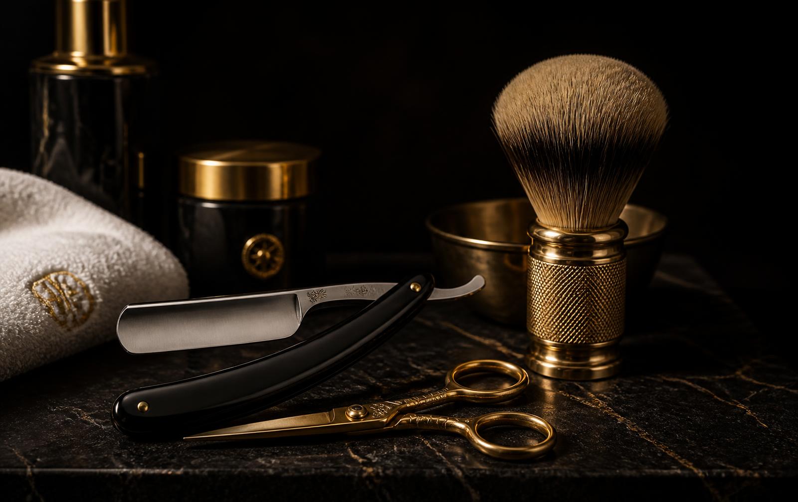 Gullsaks og barberutstyr på benk